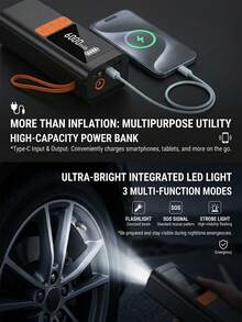 Bộ kích nổ ắc quy ô tô công suất cao, máy nén khí ô tô, bộ sạc đa năng 2 trong 1, tích hợp bơm lốp kỹ thuật số 150 PSI, đèn pin LED, thiết kế búa an toàn, cấu trúc chắc chắn, bao gồm nhiều đầu nối | Dụng cụ khẩn cấp cho xe | Màu cam nổi bật | Hộp đựng - Không dây - Xem 7