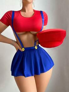 2 Piece 1 Set Stretchy Fabric  Themed Cosplay Lingerie Set Short Sleeve Crop Top Suspender High Waist Pleated Skirt Sexy Game Style Homewear Set - Nhiều màu - Xem 4