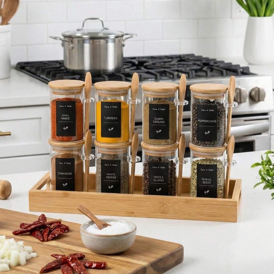 Tomnk 6/12Pcs 8oz Round Glass Airtight Jars With Bamboo Lids & Spoons, Food Storage Containers For Kitchen, Coffee, Tea, Sugar, Spices, Nuts & Pantry Organization - Trong suốt - Xem 1