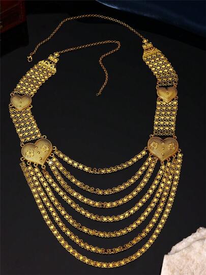 1 chiếc dây chuyền 7 lớp mạ vàng kiểu cổ điển bằng hợp kim kẽm với mặt dây chuyền hình trái tim chạm khắc, thích hợp cho nữ giới, đám cưới, tiệc tùng, lễ hội, cũng có thể dùng làm quà tặng.