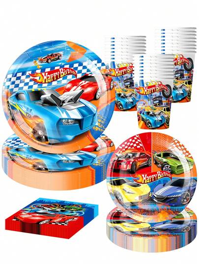 10 pezzi Decorazioni per feste di compleanno a tema corse automobilistiche, incluso set di stoviglie monouso con motivi di auto da corsa, piatti, bicchieri e tovaglioli, adatto per feste di compleanno a tema corse per bambini