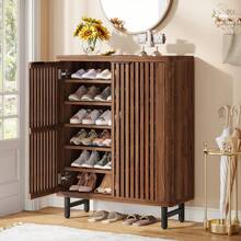 LITTLE TREE 29.53" 6-Tier Shoe Cabinet With Shutter Doors For Small Spaces,Retro Freestanding Shoe Organizer With Adjustable Shelves, Space-Saving Shoe Rack For Entryway Hallway Closet Apartment,Black&Dark Walnut - Dark Walnut - 查看 3