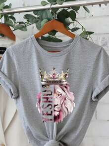 Women's T-Shirt With Lion King Crown And Lioness Pattern - Beige With Pink And Gold Letters, Short Sleeve Round Neck Casual Spring Summer Top, Christi - 灰色 - 查看 8