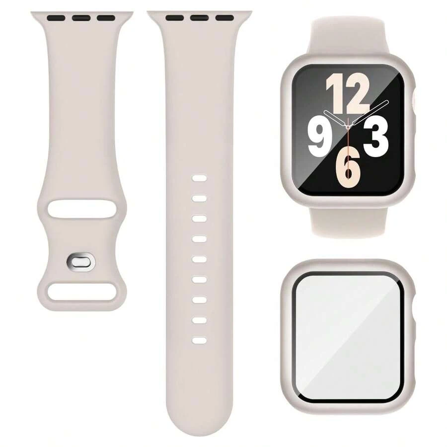 2pcs Set: Starry Soft Silicone Sport Watch Band & 2-In-1 Ultra-Thin Tempered Glass Screen Protector, Compatible With Apple Watch 38/40/41/42/44/45/46/49mm Series Ultra/SE/11/10/9/8/7/6/5/4/3/2/1, Smart Watch Accessories - Starlight Color - View 1
