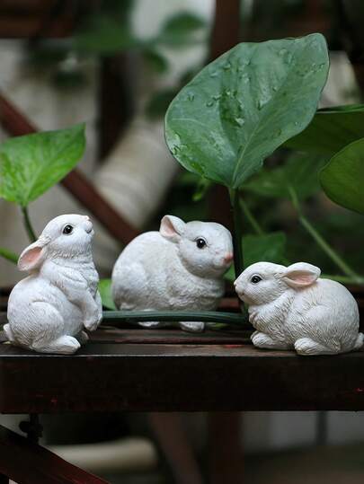 3pcs Resin Rabbit Sculpture, Indoor/Outdoor Garden Decor (Color: White)