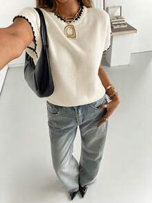 Women's Casual Loose Round Neck Colorblock Sleeveless Textured Knit Top, Summer White - White - View 3