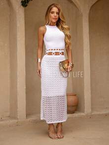 Vestido Midi Tricot Argolas Rendado Moda Praia Reveillon Elegante - Branco - Visão 10