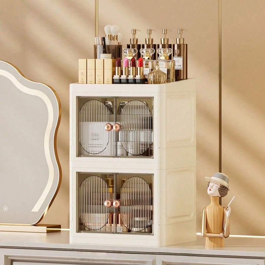 1pc Multi-Functional Detachable & Foldable Desktop Dual-Door Cosmetic Storage Box, Large Capacity Waterproof Dustproof Plastic Organizer, Suitable For Storing Nail Tools, Nail Polish, Glue, Makeup Vanity, Bathroom Cabinet, Lipstick, Brushes, Lotion, Eyeshadow, Nail Polish, Jewelry, Also For Desktop Organization, Applicable For Room, Home, Bedroom, Bathroom, Pink Room, Living Room Decor - White - View 1