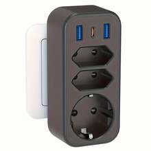 6-In-1 Multi Plug Adapter With 3 EU Power Sockets, USB-C PD20W Fast Charging Port, For Home, Office, Dorm, Travel, Grey White | Black | White - EU F Type Plug(220-240V) - View 1