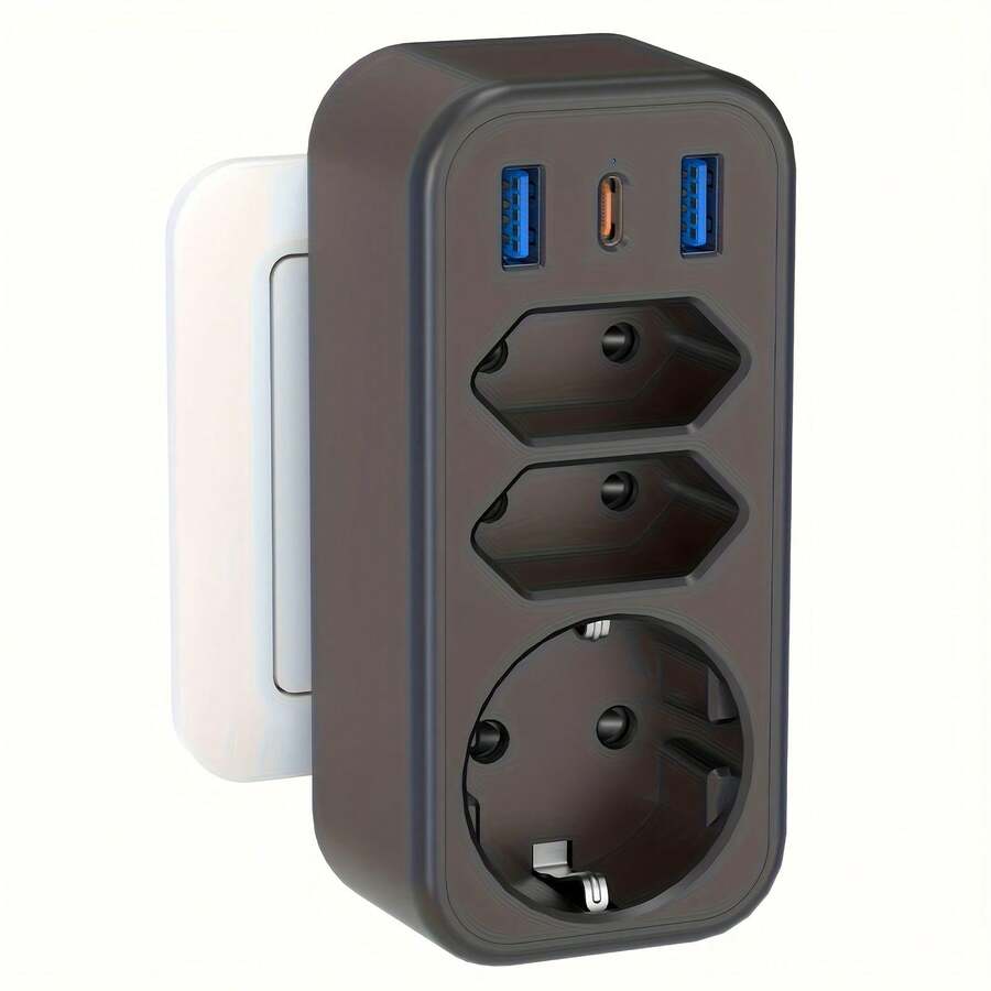 6-In-1 Multi Plug Adapter With 3 EU Power Sockets, USB-C PD20W Fast Charging Port, For Home, Office, Dorm, Travel, Grey White | Black | White - EU F Type Plug(220-240V) - View 1