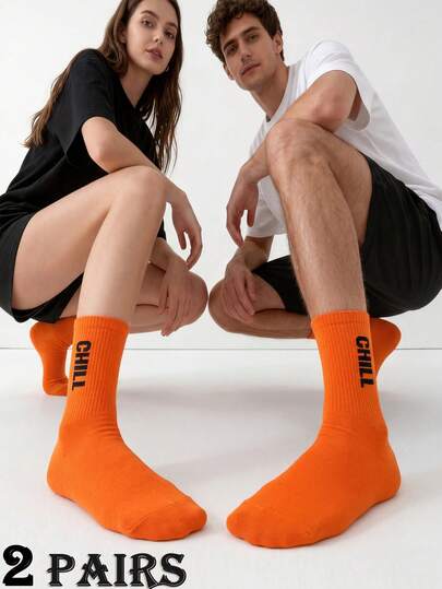 2 Pairs Unisex Orange & Black Contrast Color Slogan Print Breathable Comfortable Durable Casual Mid-Calf Socks, Suitable For Daily Commute