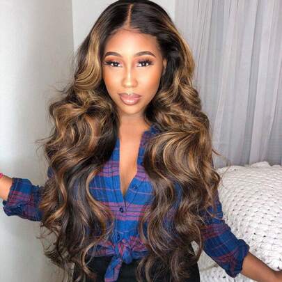  Tinashe 1B/2/30 Wavy U-Part Seamless Human Hair Wig, 180% Density, Honey Blonde Roots, No Trimming, Glue Or Residue, Natural Brazilian Human Hair Wig For Women