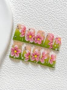10Pcs Springtime Blossoms Style Handmade Nail Art Set,Polygel Nail Set,Little Pearl Nail Art Accessories,Hand Pinched Five Petal Flower Nail Art Decorations,Pink And Green Nail Polish,Fresh Style, Comes With Nail Tools(1 Sheets Jelly Stickers+1PC Nail File)3 Sizes Available,Almond Nails, Duck Nails,Coffin Nails,Suitable For Reunion,Daily,Party,Photograph,Play,Spring Summer,Commute Supplies Nails - 彩色 - 查看 14