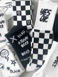 8 Pasang Kaos Kaki Pendek Motif Kotak-kotak dan Huruf Grafiti Warna Acak untuk Anak Laki-laki, Perempuan, Remaja, Gaya Kasual Jalanan, Cocok untuk Musim Semi/Gugur, Kaos Kaki Olahraga, Kaos Kaki Pelajar - MultiWarna - View 2