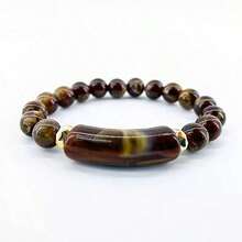 1pc Men's Natural Stone Mahjong Tiger Eye Bracelet, Suitable For Daily Wear - Coffee Brown - View 2