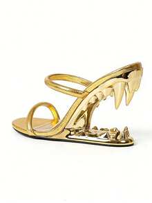 Wedge Heel Sandals For Women Open Round Toe Slip On Strap Sandals Shark Teeth Shaped Heel Shoes Party Dress Metallic High Heels - 金色 - 查看 4