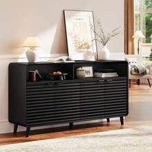 ONBRILL Black 61" Fluted Buffet Sideboard Cabinet With Storage, Farmhouse Curved Buffet Sideboard With 4 Doors, Coffee Bar Cabinet With Adjustable Shelves Wood Console Cabinet For Kitchen, Living Room, Entryway - 黑色 BSB-182 - 查看 1