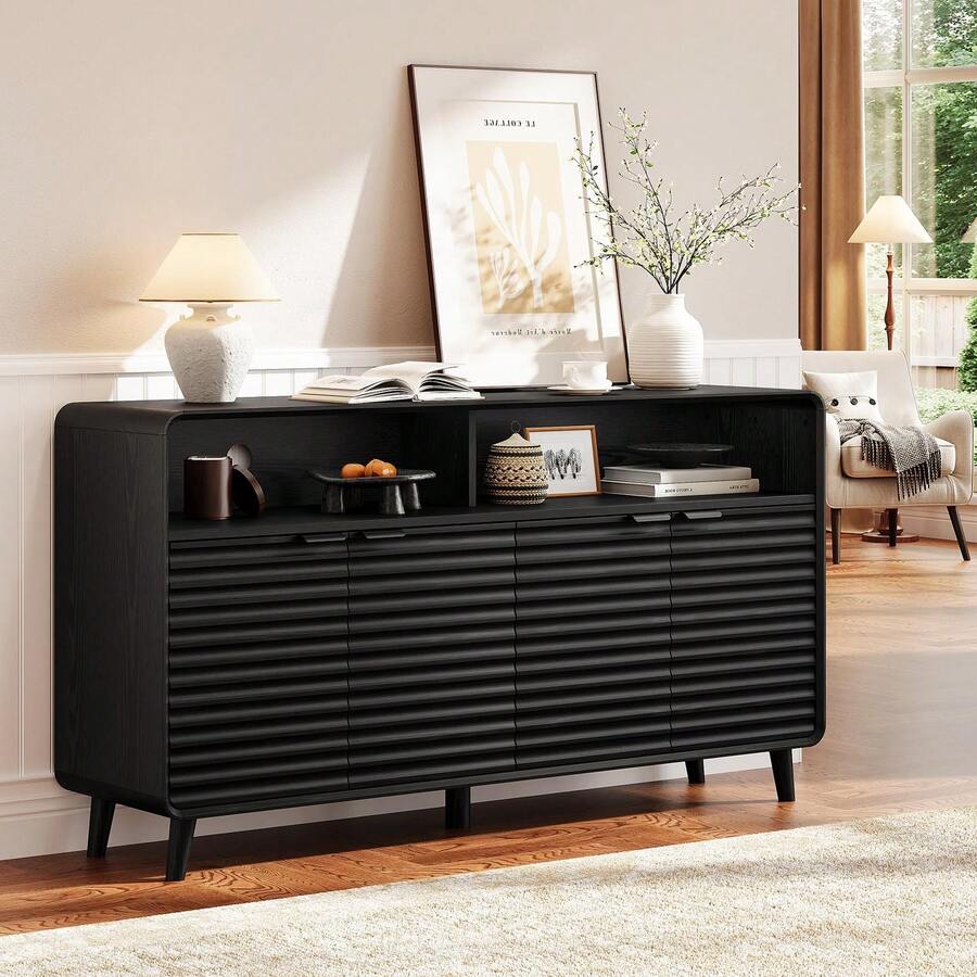 ONBRILL Black 61" Fluted Buffet Sideboard Cabinet With Storage, Farmhouse Curved Buffet Sideboard With 4 Doors, Coffee Bar Cabinet With Adjustable Shelves Wood Console Cabinet For Kitchen, Living Room, Entryway - 黑色 BSB-182 - 查看 1
