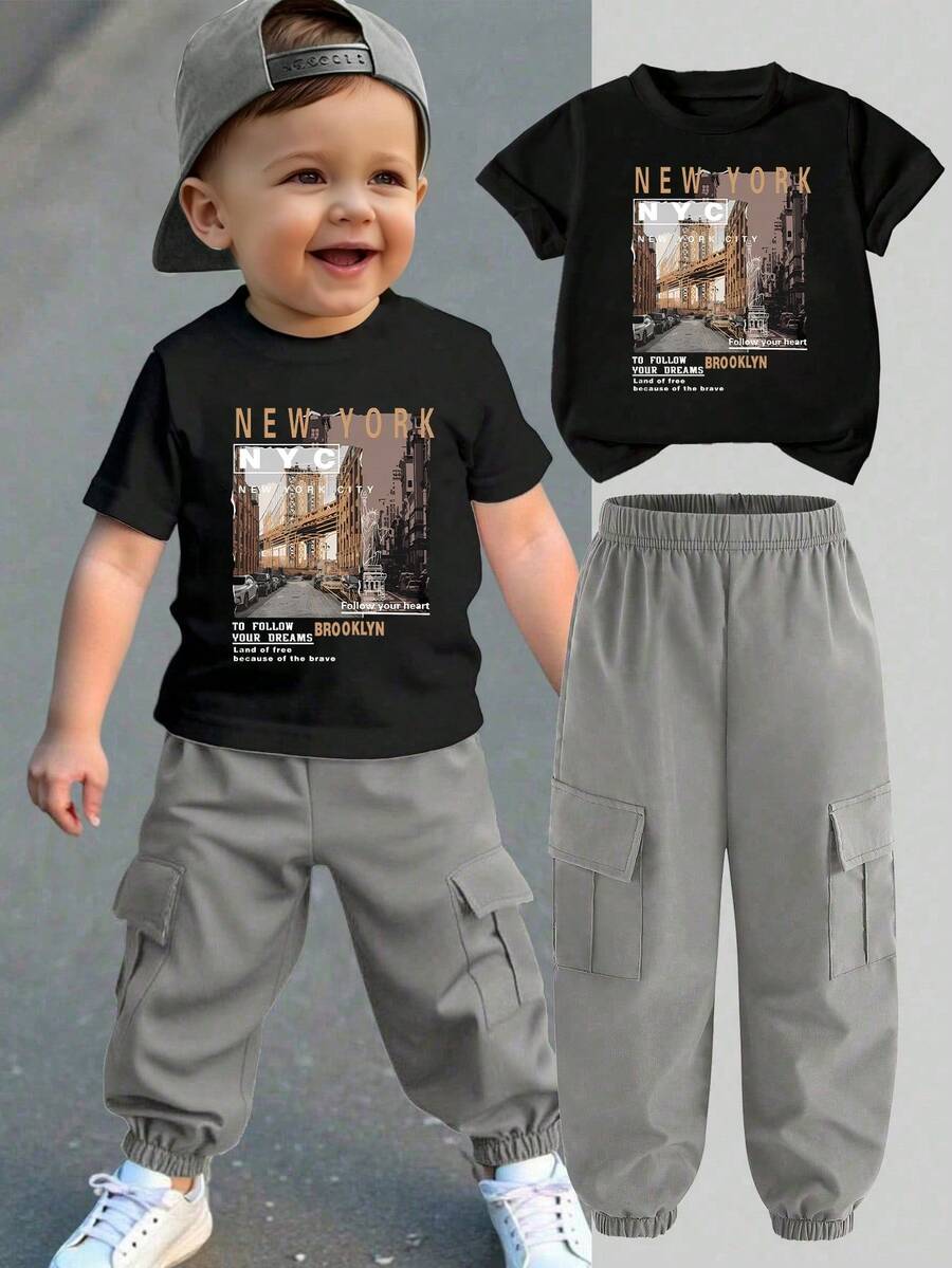 男婴卡通印花短袖T恤和裤子套装 - 黑色 - 查看 1