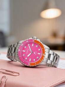 FOSSIL 女士不锈钢三针腕表，粉色表盘，100米防水，适合日常佩戴 - 粉色 - 查看 4