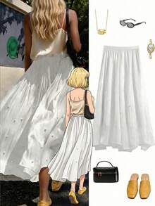 女士纯色优雅雪纺珍珠半身裙，夏季优雅百搭法式珍珠A字裙，波西米亚度假显瘦连衣裙 白色 - 白色 - 查看 1