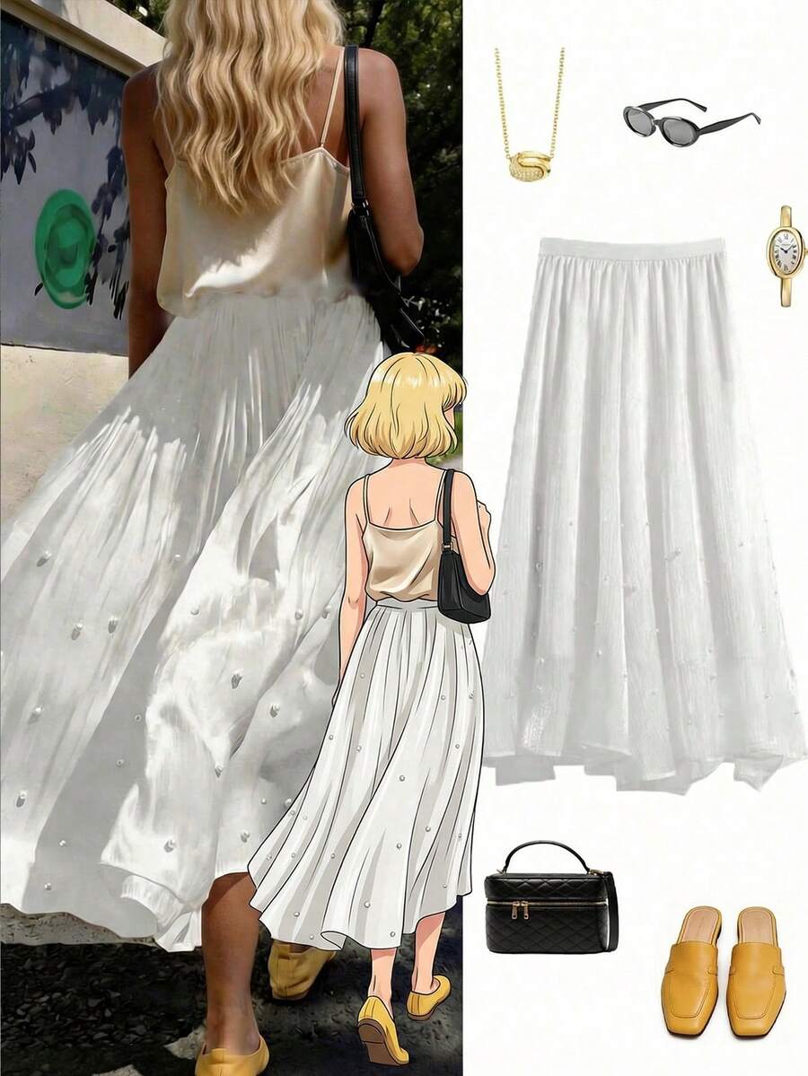 女士纯色优雅雪纺珍珠半身裙，夏季优雅百搭法式珍珠A字裙，波西米亚度假显瘦连衣裙 白色 - 白色 - 查看 1