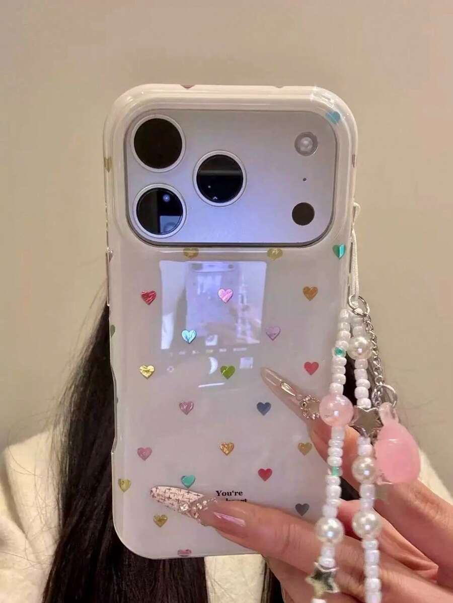 心形羽毛雪纺星空手机壳，兼容 14 Pro Max、16、17，保护套兼容 15、13，可爱个性化小品牌 - 白色 - 查看 1
