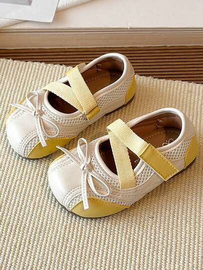 1双女童时尚皮鞋，春秋季PU魔术贴搭扣，蝴蝶结装饰，休闲平底鞋，防滑舒适，适合上学/户外活动，推荐用于返校季