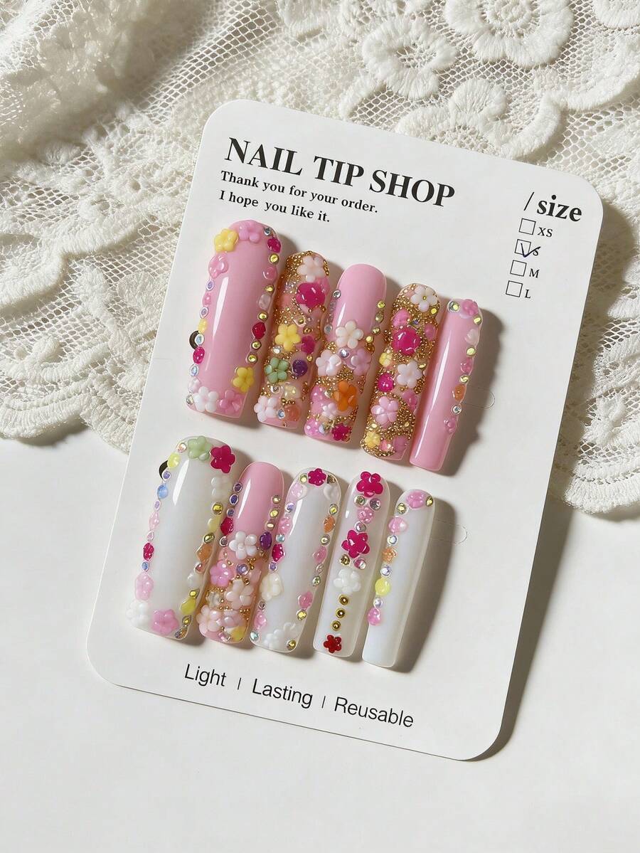 10 piezas de uñas postizas de lujo extra largas, un gran regalo para amigos - Rosa - Ver 1
