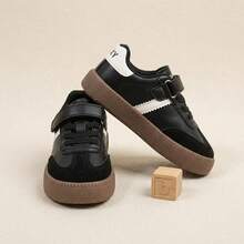 Tenis infantiles retro de entrenamiento con rayas de contraste para niño y niña, cierre adhesivo ajustable suela gruesa de goma material PU resistente antideslizante cómodos - Negro - Ver 4