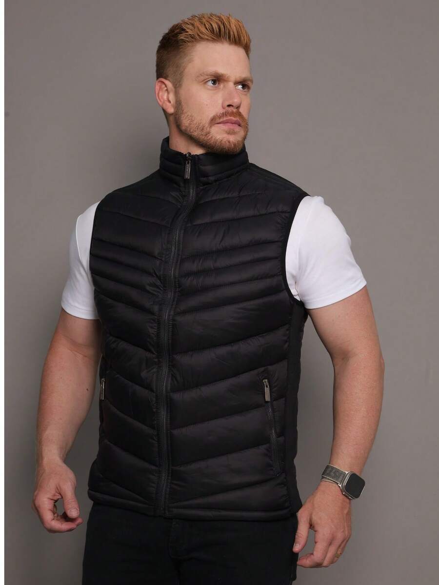 Men's Double-Sided Puffer Vest With Zipper For Winter - Black - View 1