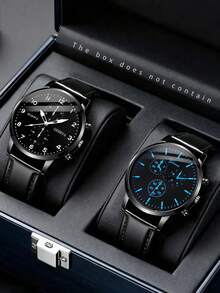 2pcs Men's Casual Quartz Watches, Minimalist Round Dial, Metal PU Strap, Suitable For Men's Holiday Gift And Daily Wear - Black - View 1