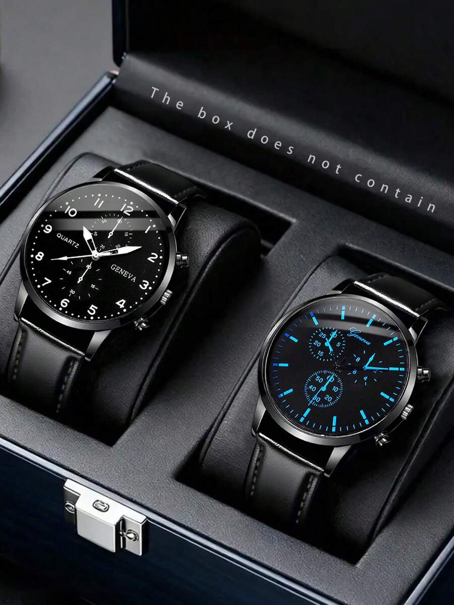 2pcs Men's Casual Quartz Watches, Minimalist Round Dial, Metal PU Strap, Suitable For Men's Holiday Gift And Daily Wear - Black - View 1