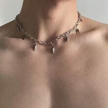 1pc Men's Fashion Stainless Steel Studded Pendant Necklace, Daily Accessory - Silver - View 5