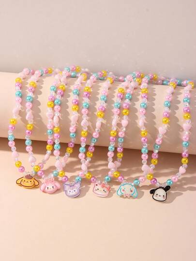 SANRIO 6件套女孩可爱小猫小狗吊坠仿珍珠串珠项链套装，适合节日派对、学校活动、生日礼物