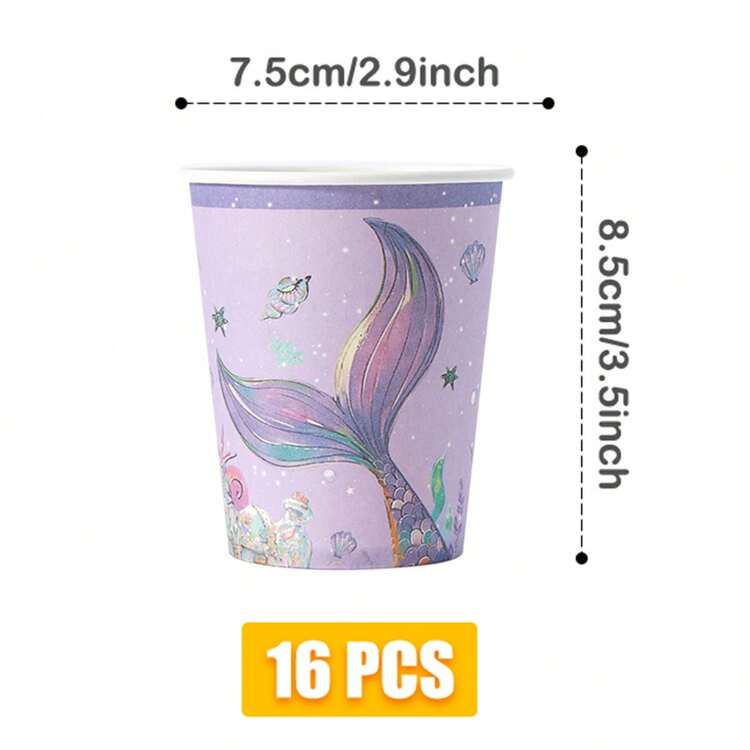 Purple Mermaid Tail Disposable Plates, Napkins, Cups - One-Time Party Supplies Set, Fits 16 Guests, Disposable Paper Plates Tableware Suitable For Birthday, Wedding, Theme Party, Family Picnic - View 9