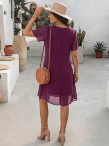 Summer New Arrival Women's Elegant Casual Chiffon Dress Solid Color Short Sleeve Round Neck Flowy Ruffle Hem Loose Straight Dress For OfficeWear - Purple - View 6