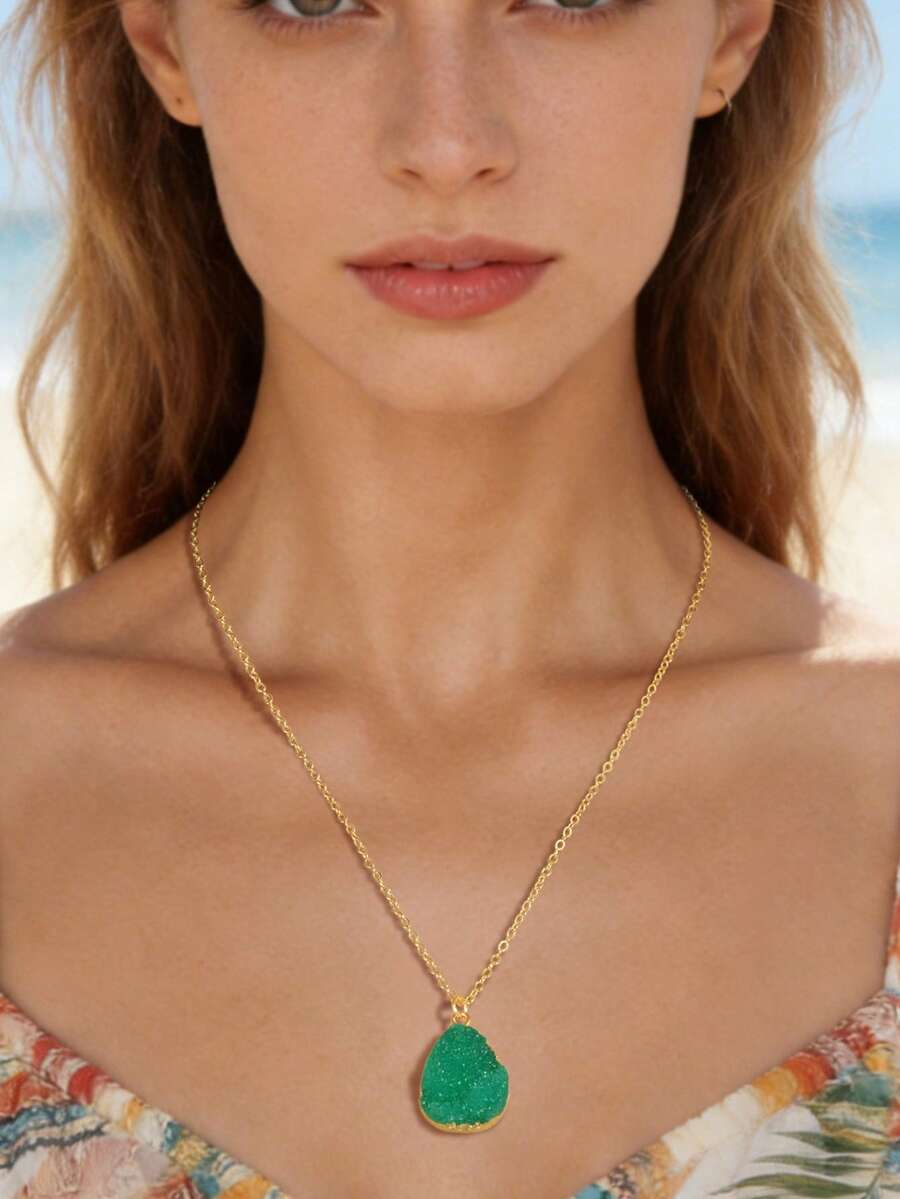 1 pieza Collar con colgante de lágrima verde con cadena dorada de estilo bohemio chic para fiesta, verano, vacaciones, cita, playa, accesorio de joyería para mujer - Verde - Ver 1