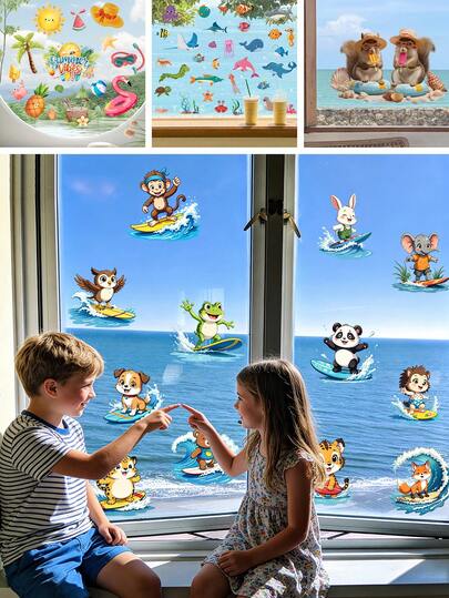 BRUP Bộ 1/3 tờ decal dán cửa sổ hình động vật hoạt hình lướt sóng, 12 chú khỉ, gấu trúc, hổ tinh nghịch đang lướt sóng trên những con sóng xanh, decal tĩnh điện có thể tháo rời, thích hợp trang trí cửa sổ phòng ngủ trẻ em mùa hè, nghệ thuật chủ đề tiệc bãi biển vui nhộn.
