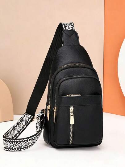 2024 New Fashion Classic Solid Color Waterproof PU Fabric Multi-Pocket Woven Strap Crossbody Bag, Suitable For Shopping