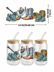 4件套 16盎司玻璃杯UV DTF转印贴纸（9.4x4.3英寸），无需加热，西部牛仔靴马吉他南方风情，长角牛头骨多肉植物花卉包装，防水摩擦贴纸DIY礼物 - Western Cowgirl 05 - 查看 3