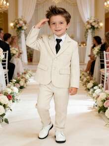 3pcs Young Boy's Suit Set (Jacket + Pants + Tie), Formal Outfit For Piano Performance, Wedding, Ceremony - كاكي - مشاهدة 8