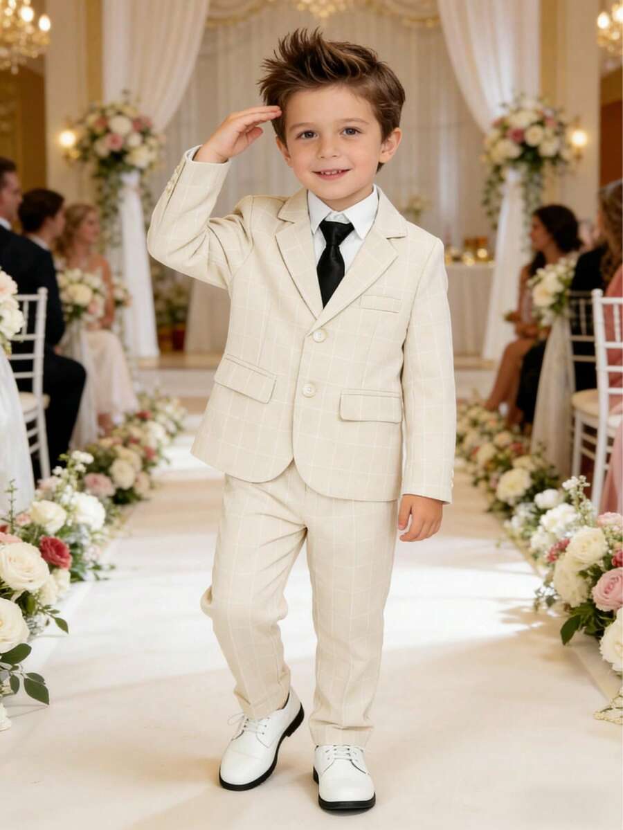 3pcs Young Boy's Suit Set (Jacket + Pants + Tie), Formal Outfit For Piano Performance, Wedding, Ceremony - Khaki - View 1