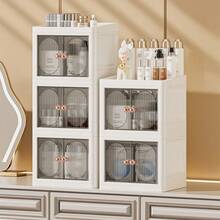 1pc Multi-Functional Detachable & Foldable Desktop Dual-Door Cosmetic Storage Box, Large Capacity Waterproof Dustproof Plastic Organizer, Suitable For Storing Nail Tools, Nail Polish, Glue, Makeup Vanity, Bathroom Cabinet, Lipstick, Brushes, Lotion, Eyeshadow, Nail Polish, Jewelry, Also For Desktop Organization, Applicable For Room, Home, Bedroom, Bathroom, Pink Room, Living Room Decor - White - View 9