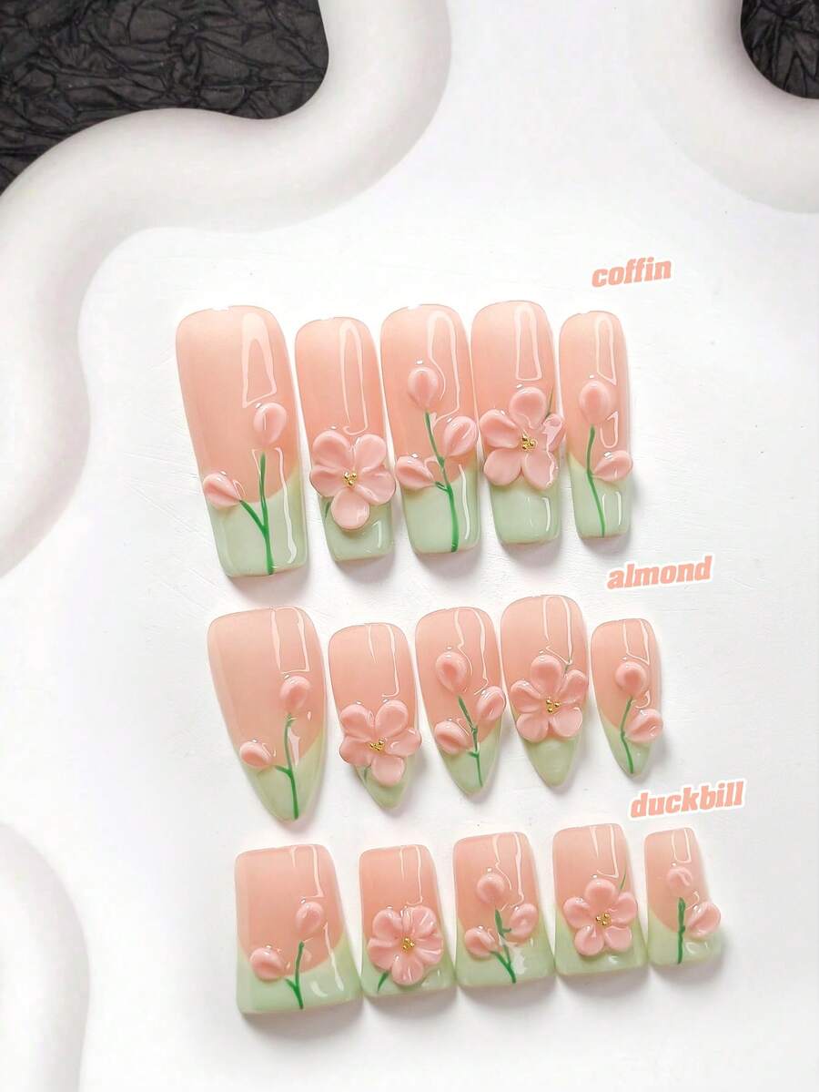 10件套3D立体花卉手工美甲套装,包含凝胶美甲套装、手工制作的五瓣花朵和线条美甲装饰、绿色指甲油,优雅的春夏风格,附赠美甲工具(1个果冻贴纸+1个指甲锉),三种尺寸可选:杏仁形、鸭嘴形、棺材形,适合派对、日常佩戴、拍照、春夏通勤等场合。 - 彩色 - 查看 1