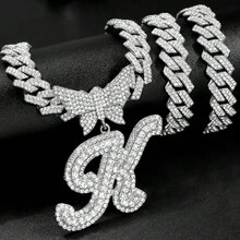 14mm Cuban Link Crystal Butterfly Letter Name Pendant Necklace, Sparkling Paved Rhinestone Cursive Letter Hip Hop Jewelry, New Arrival - Necklace - View 4