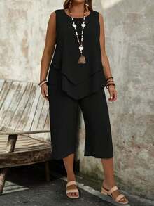 EMERY ROSE Plus Size Women Solid Color Round Neck Top And Wide Leg Pants Casual Daily Summer 2 Pieces Set Pant Suit Summer Sets Capri Sets Women Black Jumpsuit Women Elegant Vest And Pants Set Capri Jumpsuit Women Vacation Outfit Sets Women Elegant Outfits Black Sleeveless Top And Pants Set Classy Coords Outfit For Women Women 2 Piece Outfit Casual - 多色 2 - 查看 7