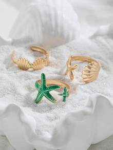 Bộ 3 chiếc nhẫn hở hình sao biển và vỏ sò, trang sức tối giản phong cách nghỉ dưỡng biển cả, phù hợp cho chuyến đi biển và đeo hàng ngày. - Nhiều màu - Xem 6