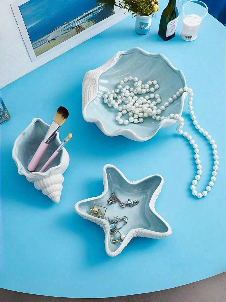Decorative Ceramic Jewelry Tray, Seashell, Starfish Shaped Trinket Dish, Ceramic Ring Earring Holder, Ocean Theme Decor Plate For Rings, Earrings, Necklaces, Bracelets, Watches, Keys, Home Decor For Bathroom, Bedroom, Office Best - 2pcs - View 1