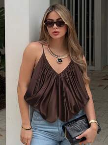 女士性感深V无袖褶皱吊带背心，柔软缎面百搭吊带背心，夏季必备 - 棕色 - 查看 5